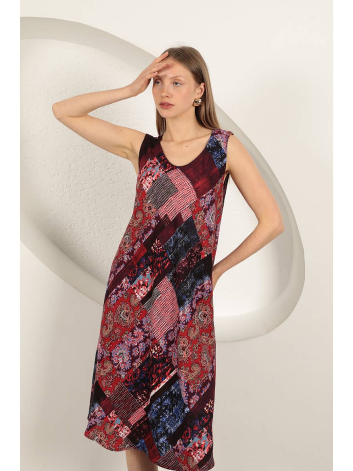 Viskon Kumaş Etnik Desenli Elbise-Bordo