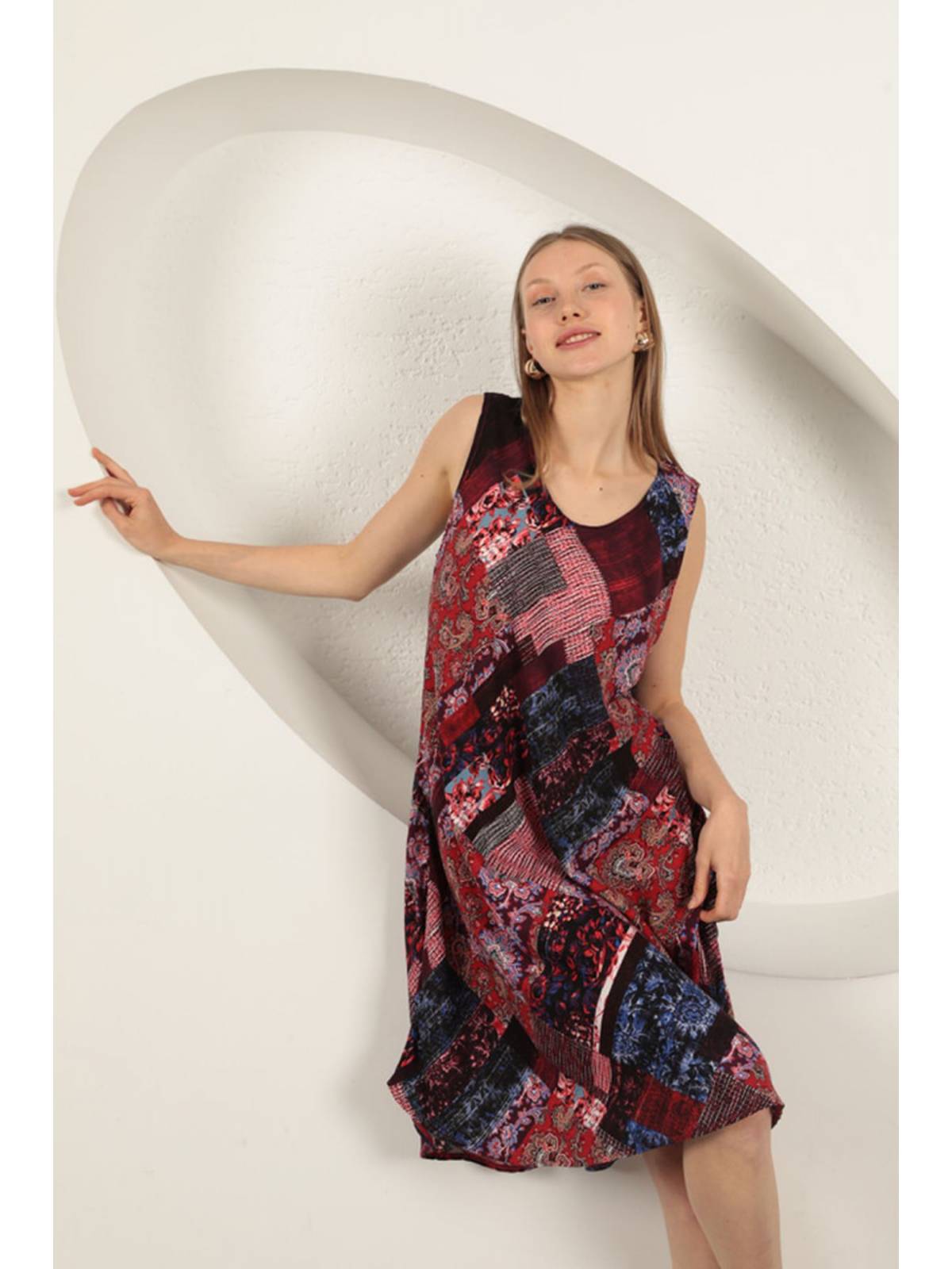 Viskon Kumaş Etnik Desenli Elbise-Bordo