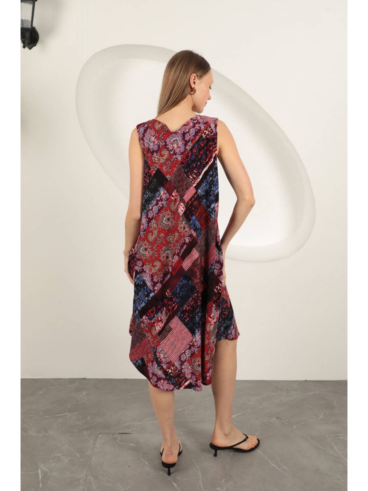 Viskon Kumaş Etnik Desenli Elbise-Bordo