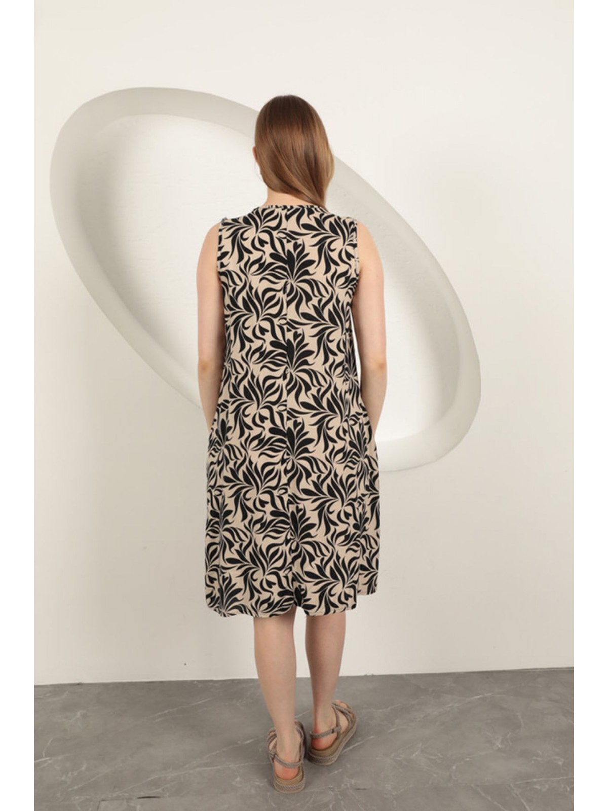 Viskon Kumaş Yaprak Desenli Elbise-Bej