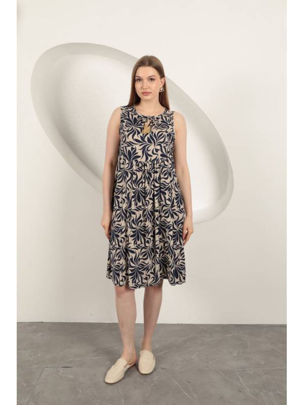 Viskon Kumaş Yaprak Desenli Elbise-Lacivert
