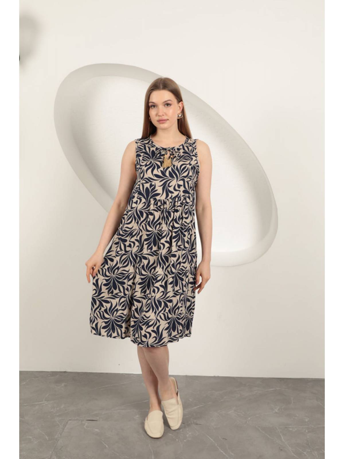 Viskon Kumaş Yaprak Desenli Elbise-Lacivert