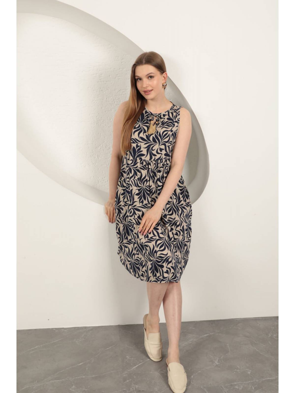 Viskon Kumaş Yaprak Desenli Elbise-Lacivert
