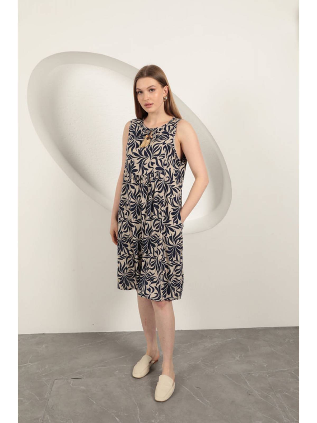 Viskon Kumaş Yaprak Desenli Elbise-Lacivert