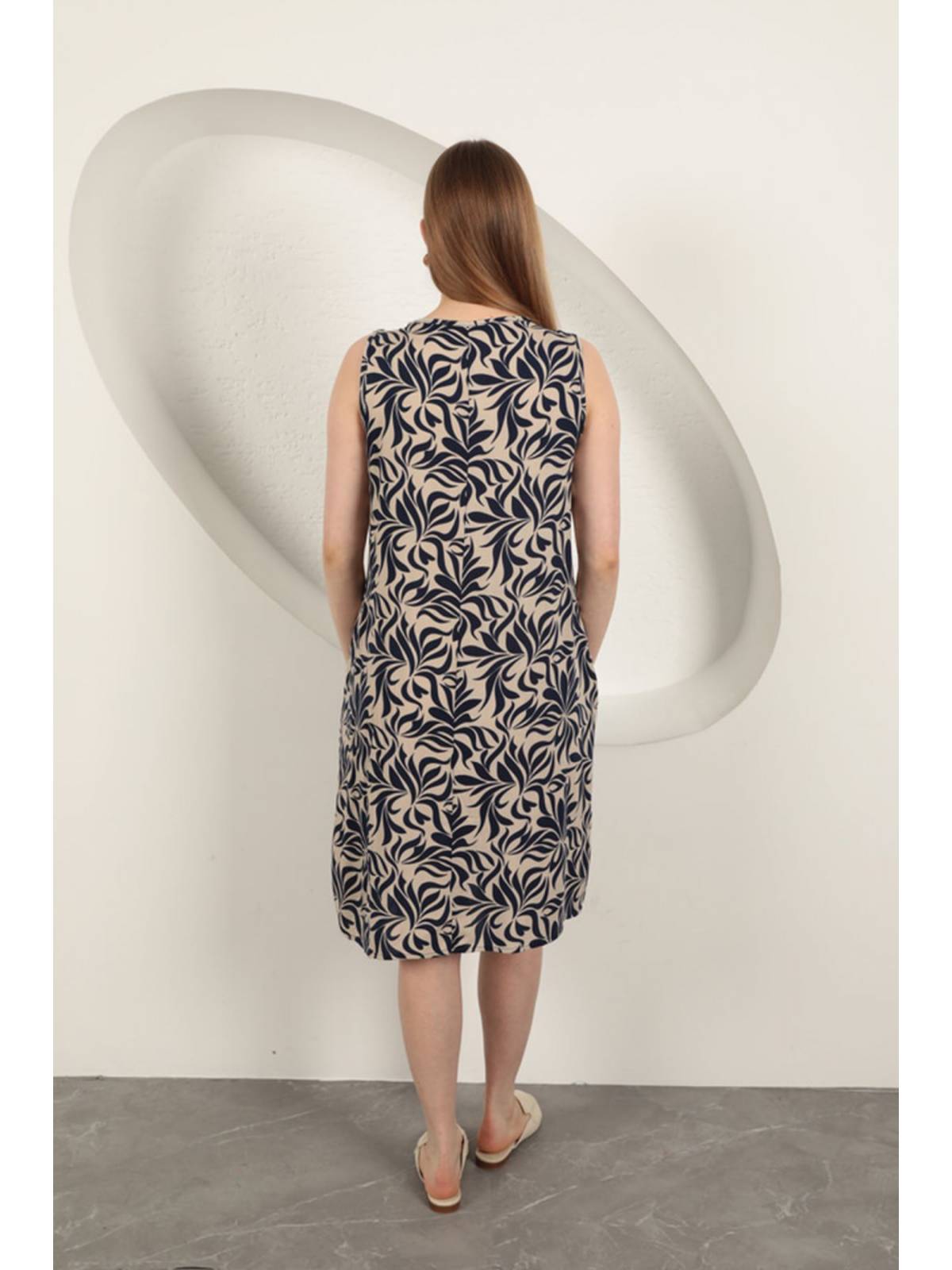 Viskon Kumaş Yaprak Desenli Elbise-Lacivert