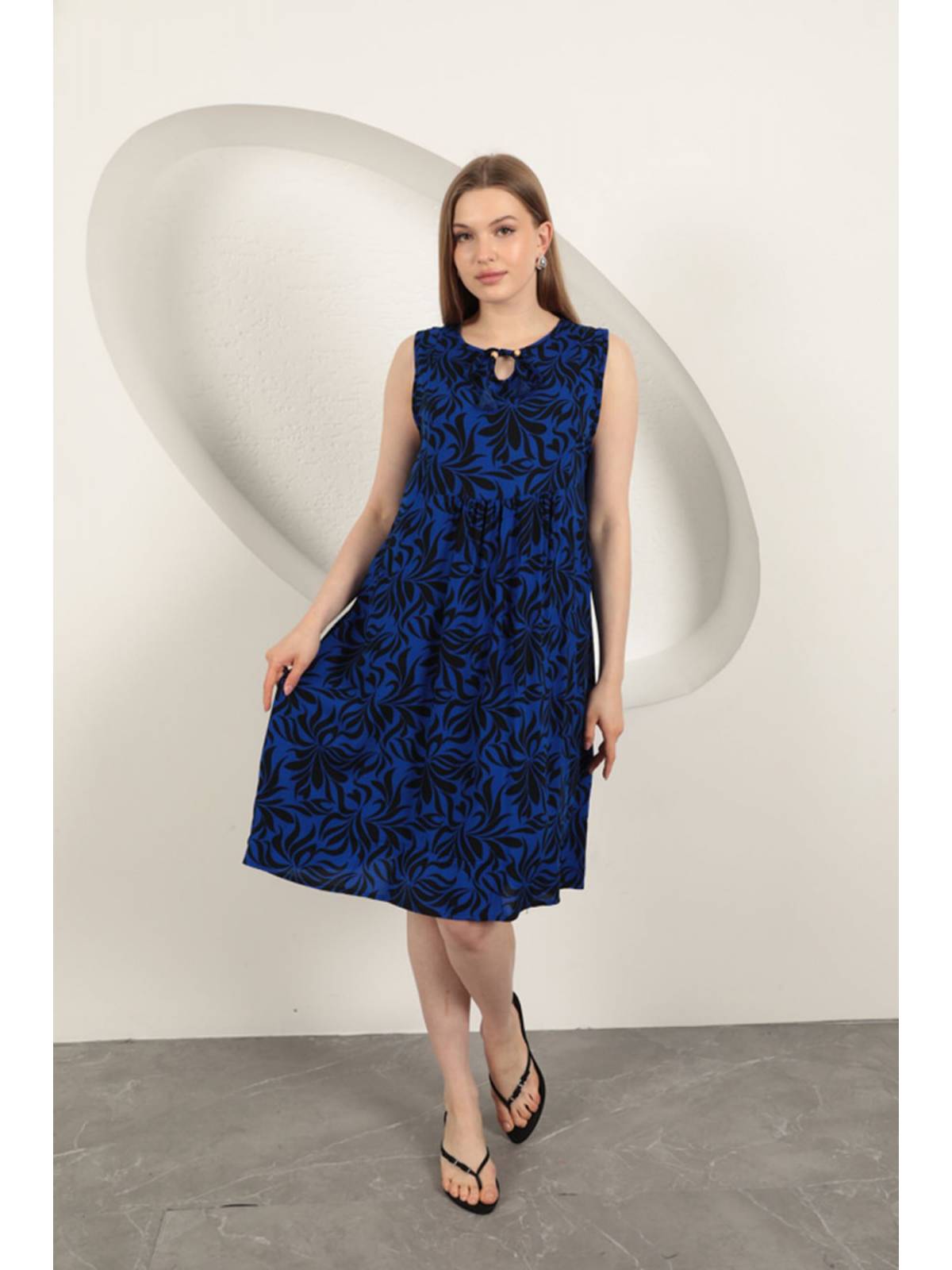 Viskon Kumaş Yaprak Desenli Elbise-Saks