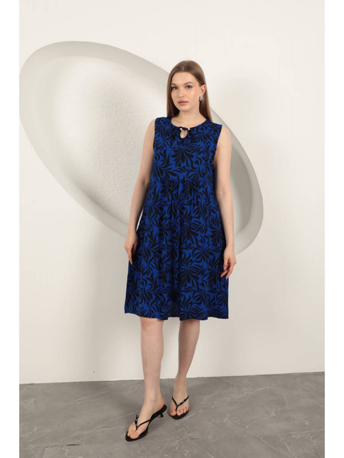 Viskon Kumaş Yaprak Desenli Elbise-Saks