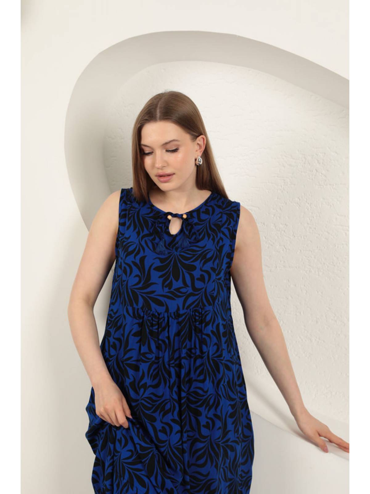 Viskon Kumaş Yaprak Desenli Elbise-Saks