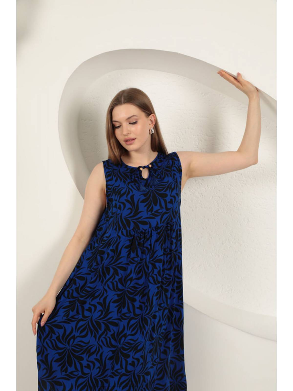 Viskon Kumaş Yaprak Desenli Elbise-Saks