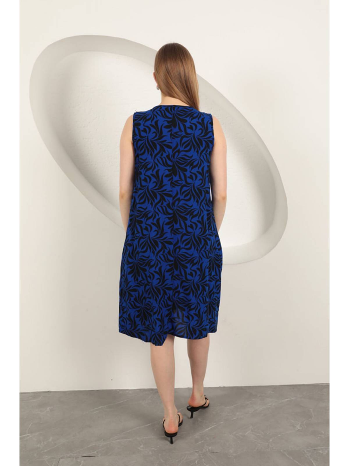 Viskon Kumaş Yaprak Desenli Elbise-Saks