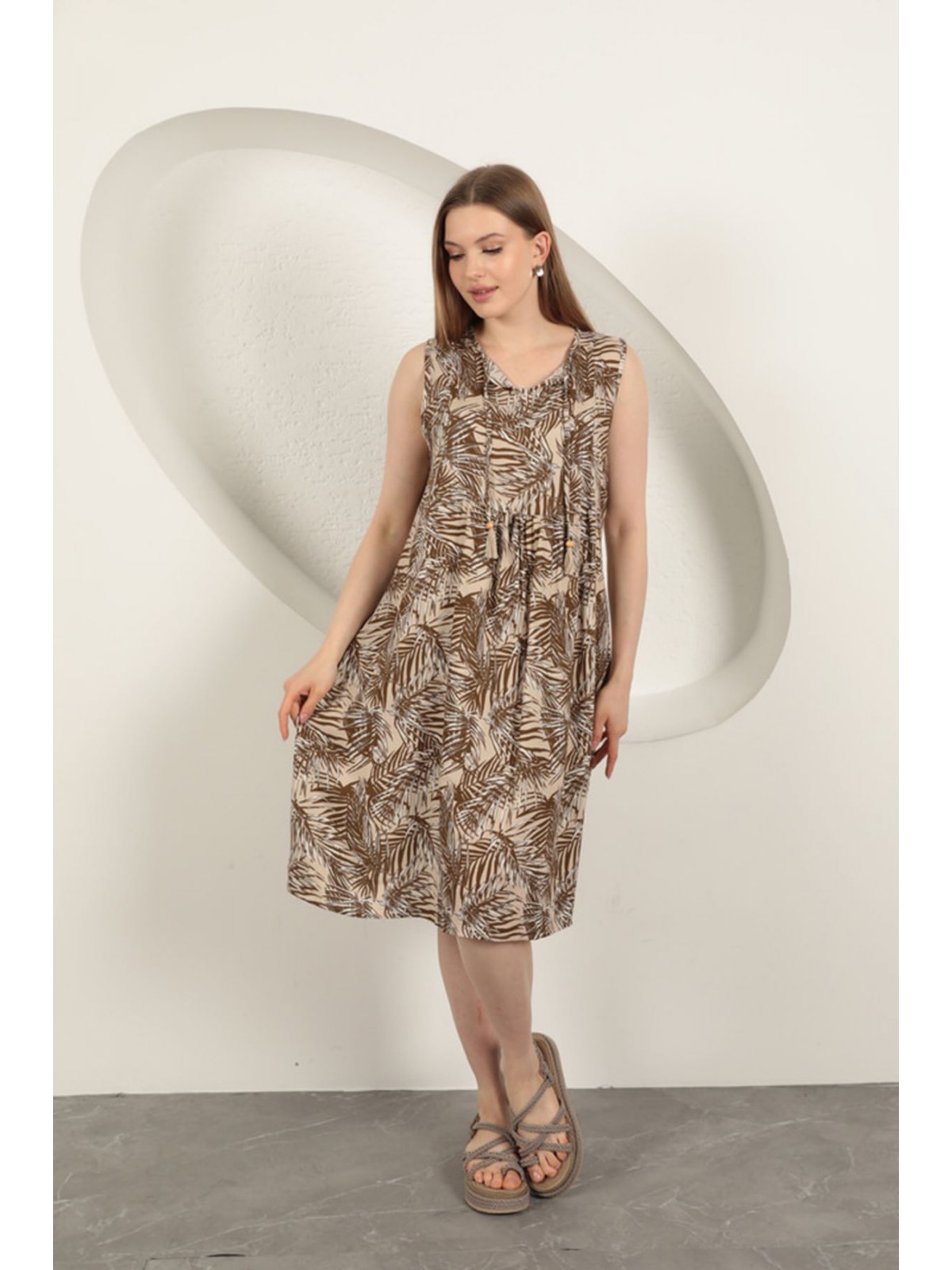 Viskon Kumaş Palmiye Desen Elbise-Kahve