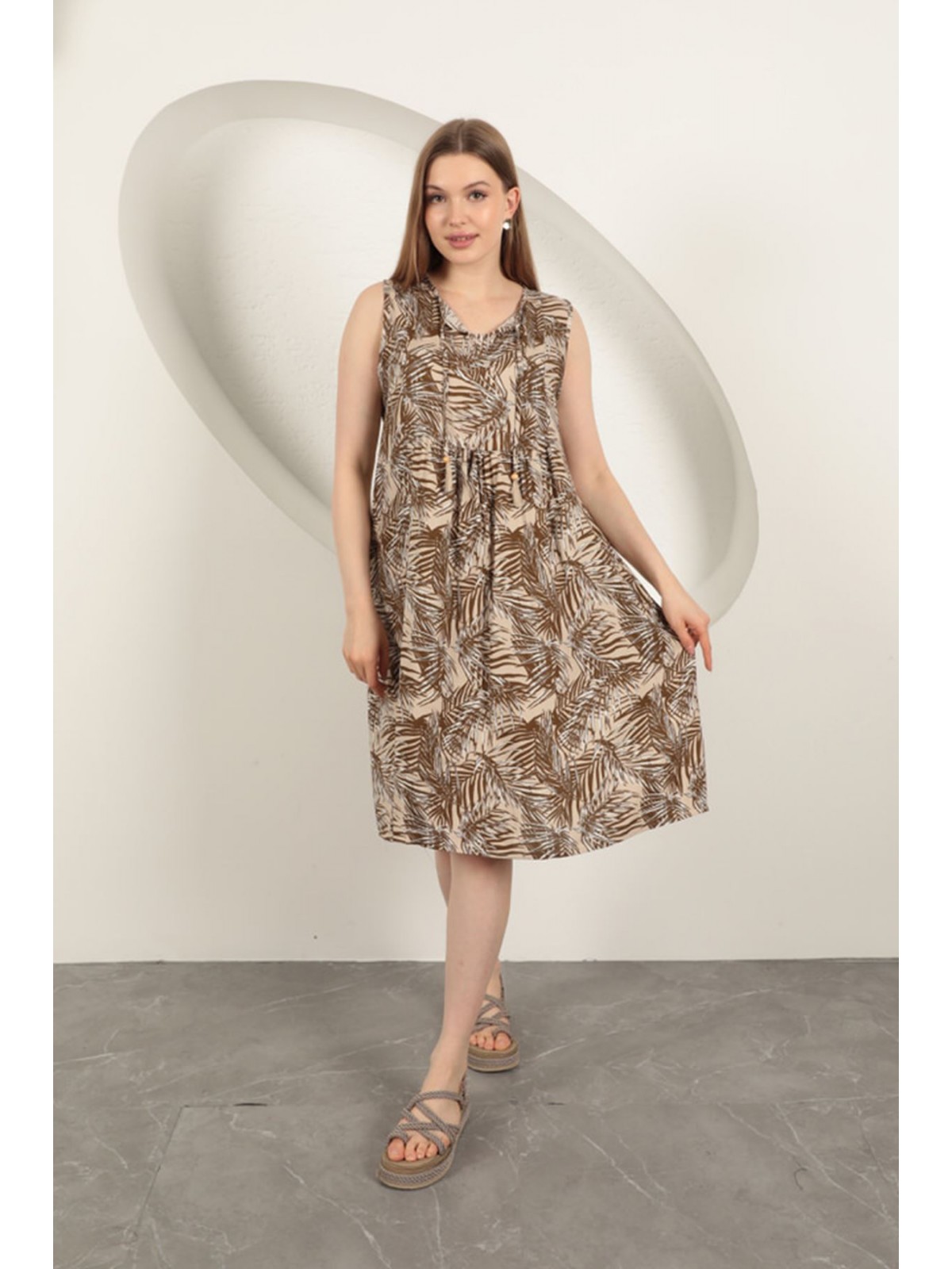 Viskon Kumaş Palmiye Desen Elbise-Kahve