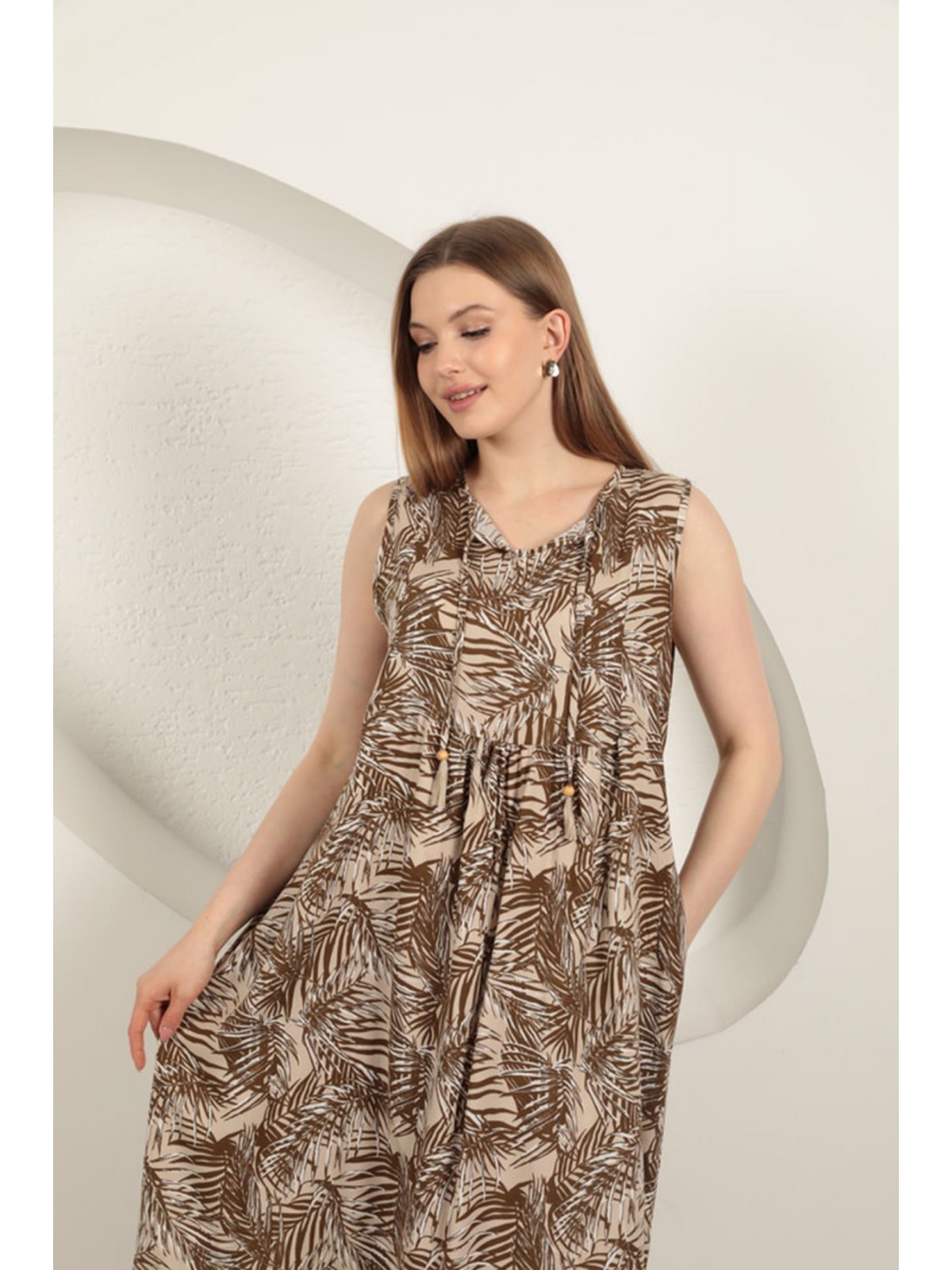 Viskon Kumaş Palmiye Desen Elbise-Kahve