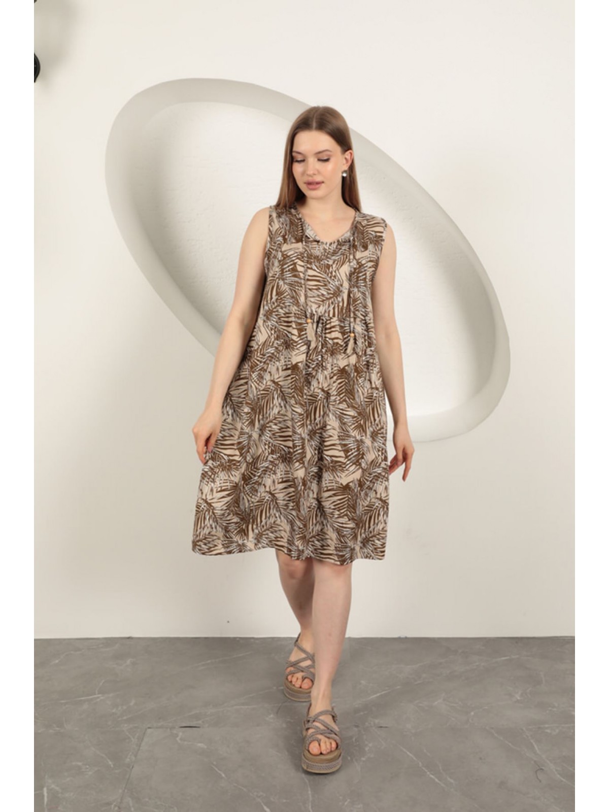 Viskon Kumaş Palmiye Desen Elbise-Kahve