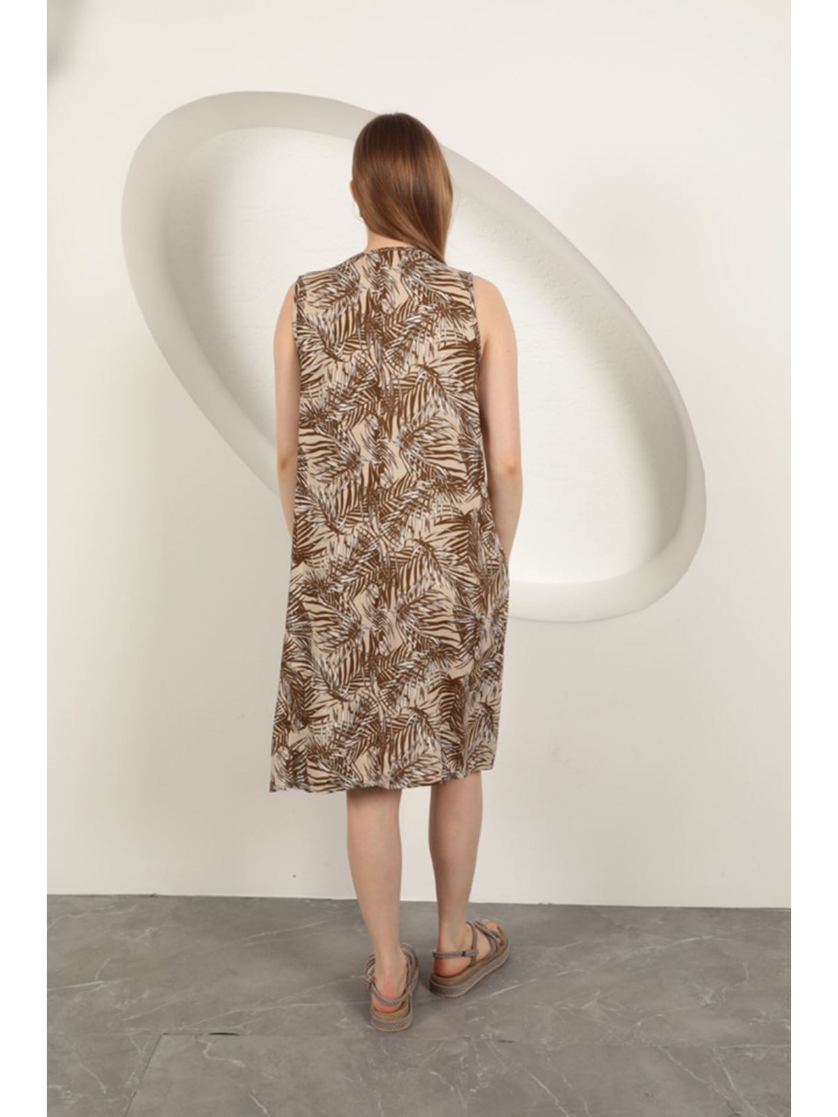 Viskon Kumaş Palmiye Desen Elbise-Kahve