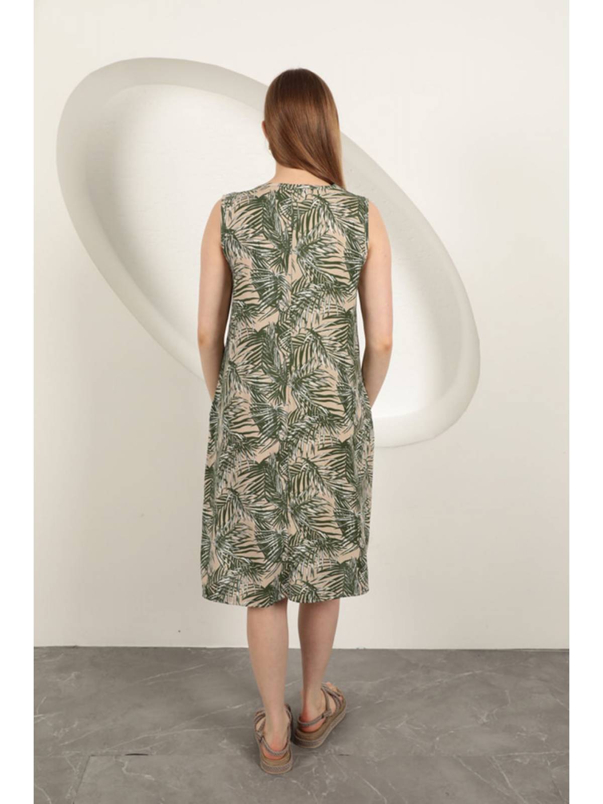 Viskon Kumaş Palmiye Desen Elbise-Yeşil