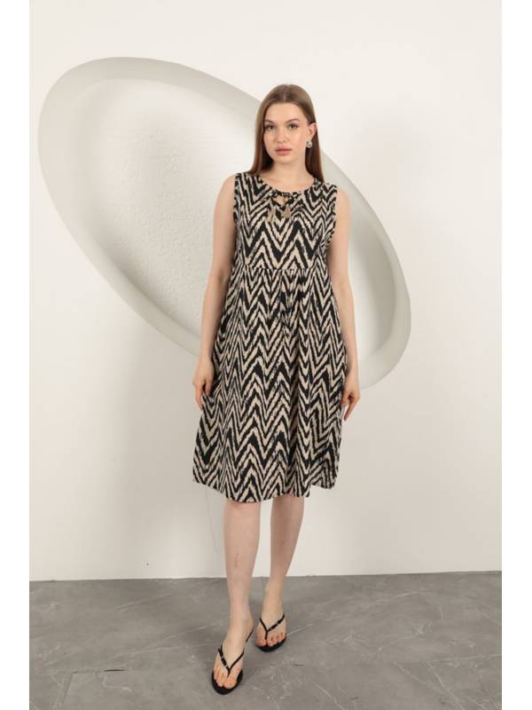 Viskon Kumaş Çizgili Elbise-Bej