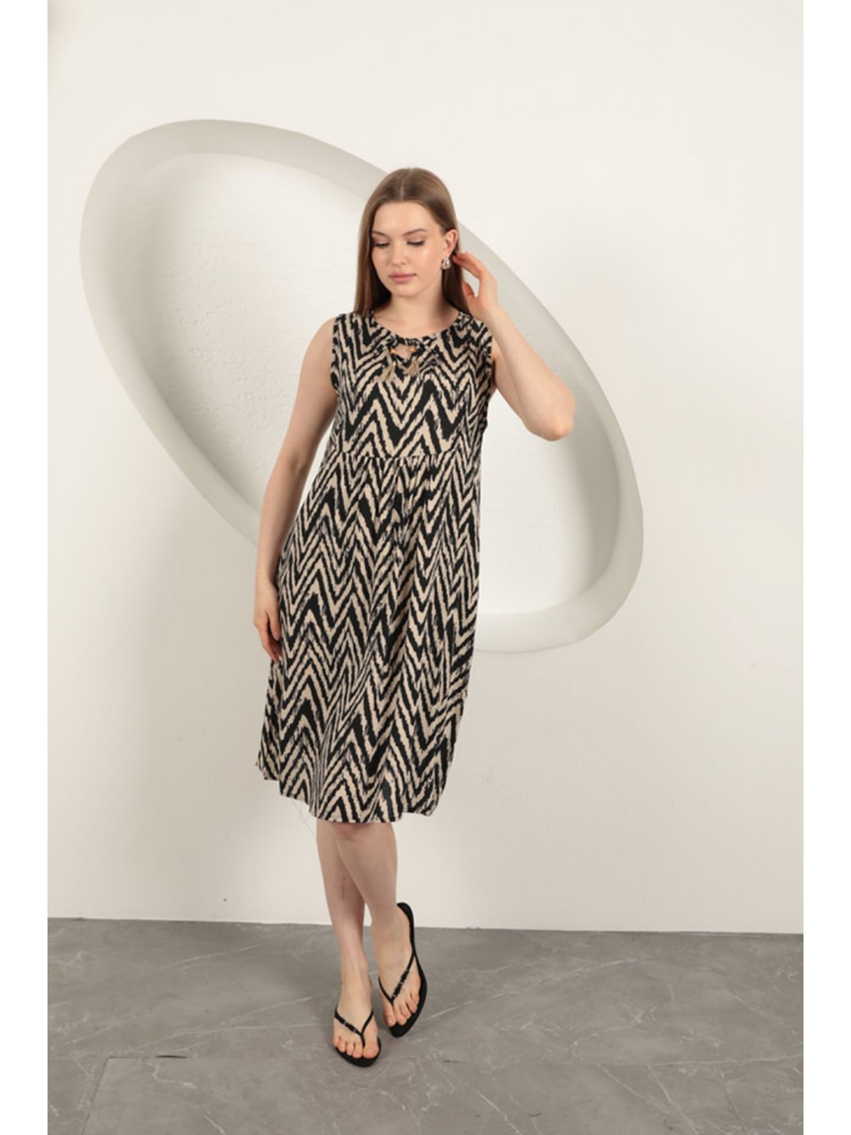 Viskon Kumaş Çizgili Elbise-Bej