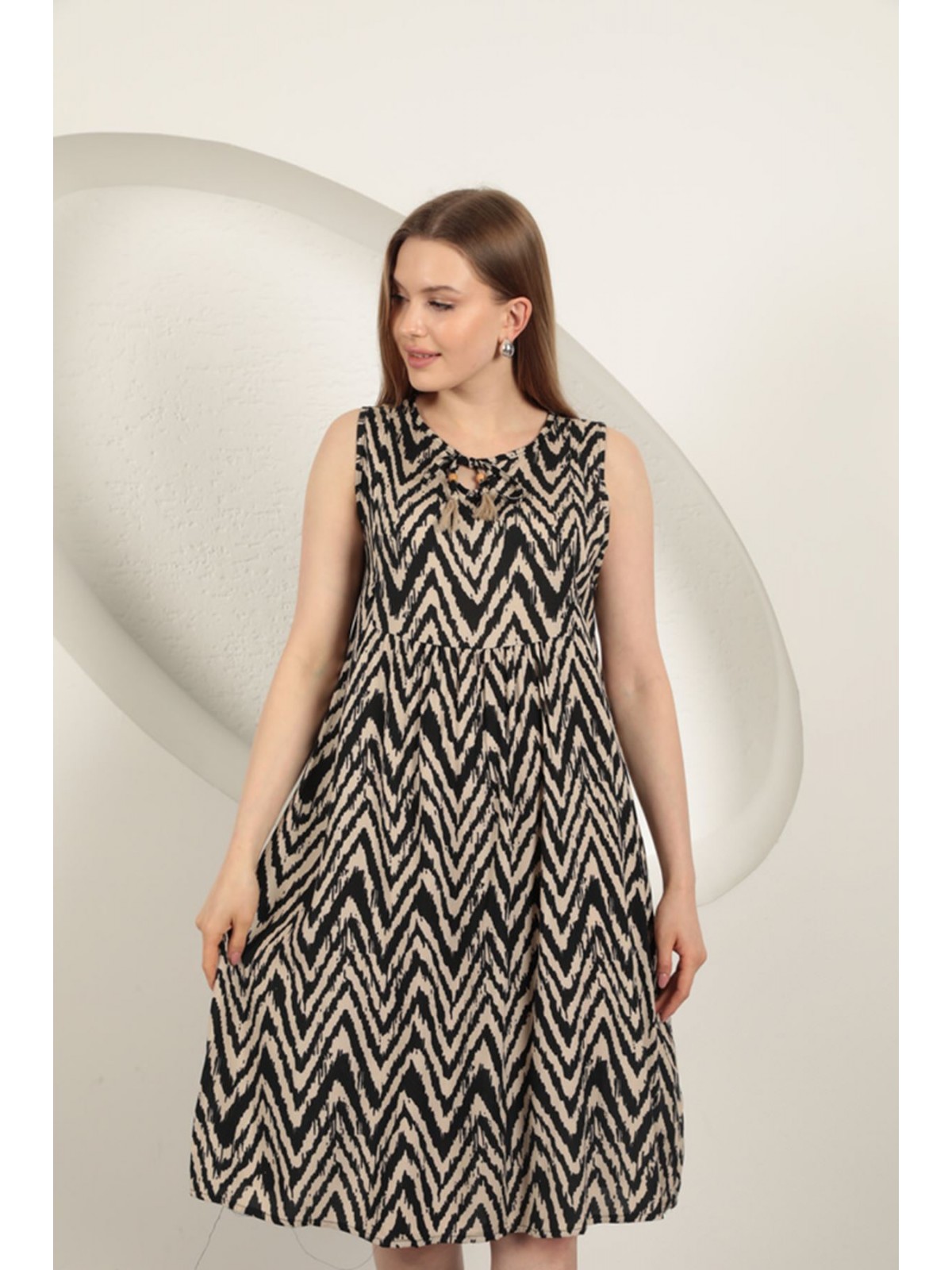 Viskon Kumaş Çizgili Elbise-Bej