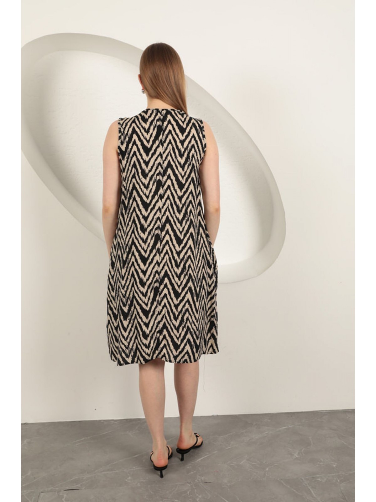 Viskon Kumaş Çizgili Elbise-Bej