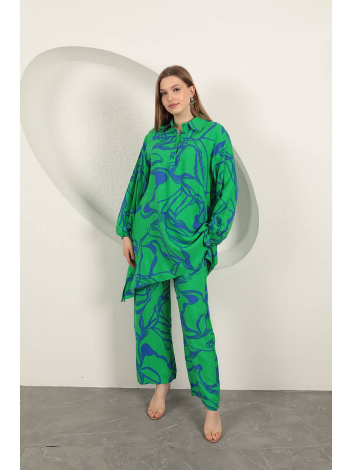 Viskon Desenli Kadın Takım-Yeşil