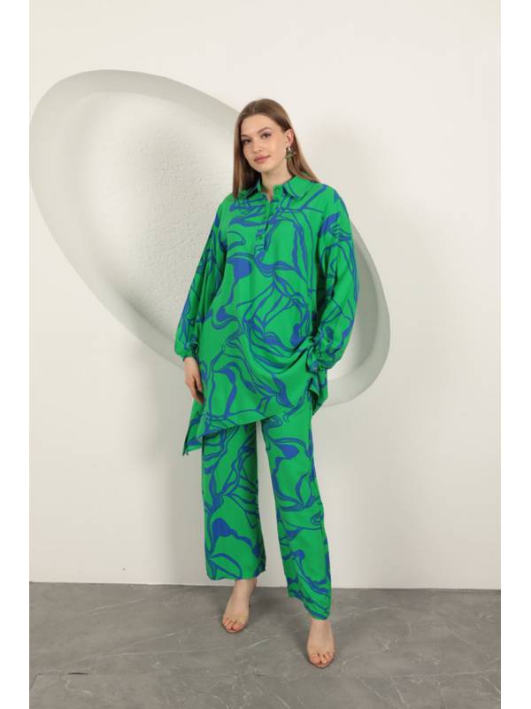 Viskon Desenli Kadın Takım-Yeşil
