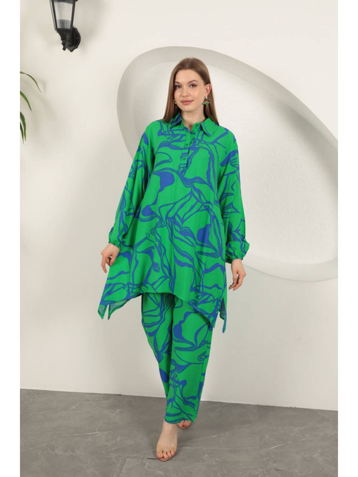 Viskon Desenli Kadın Takım-Yeşil