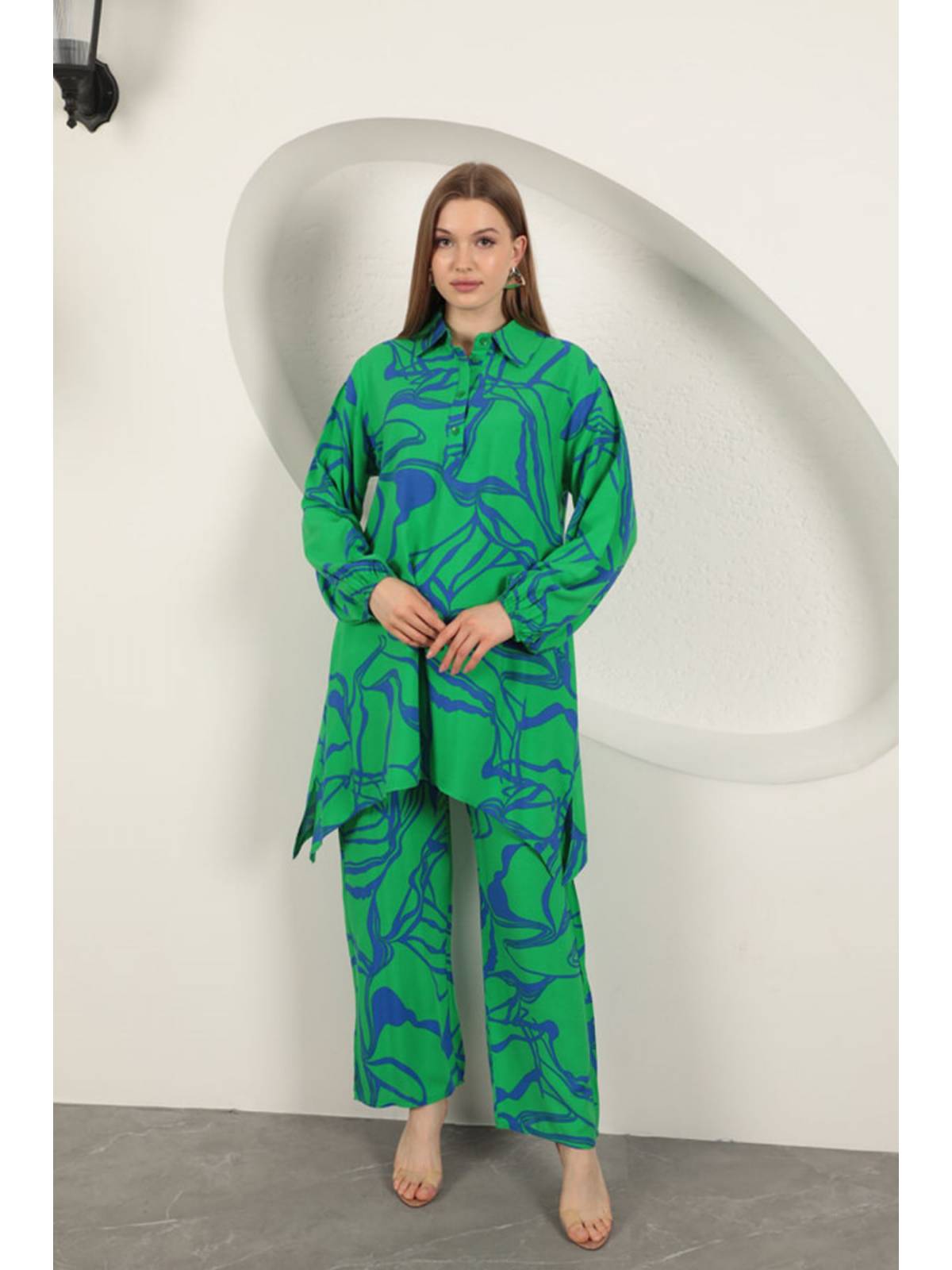 Viskon Desenli Kadın Takım-Yeşil