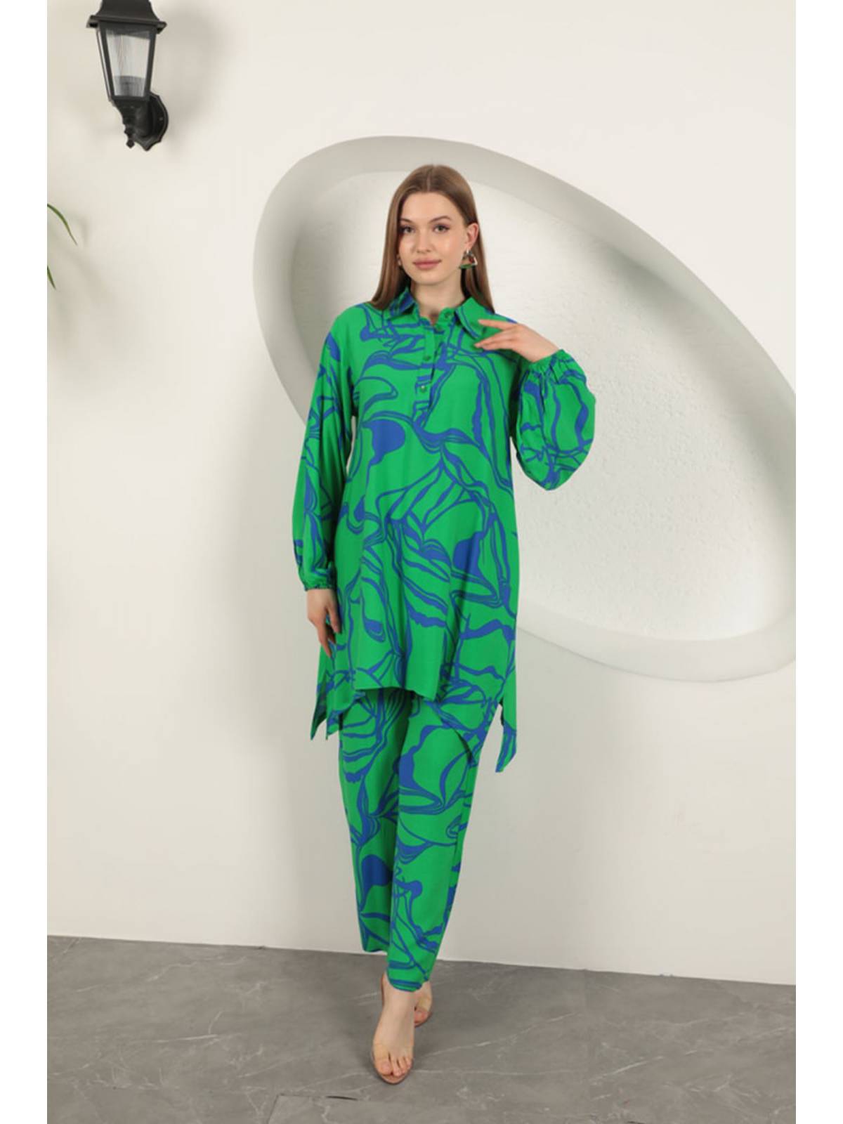 Viskon Desenli Kadın Takım-Yeşil