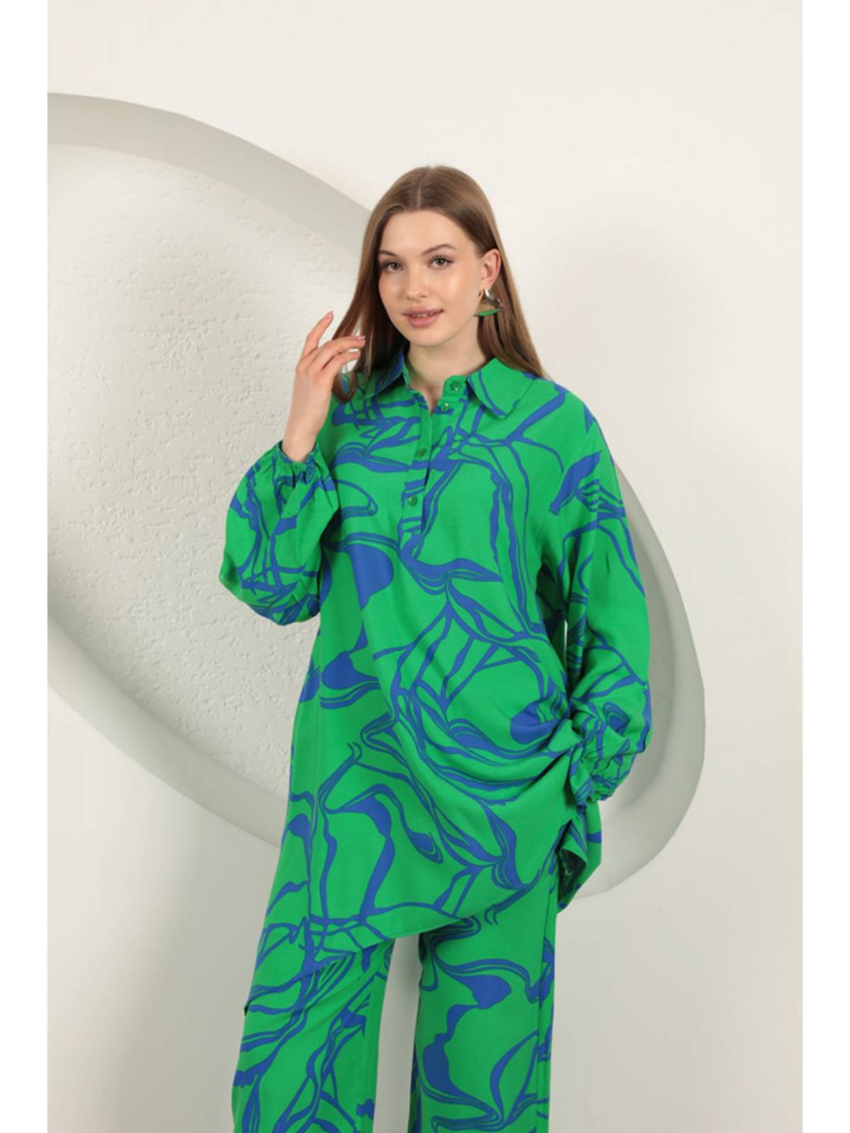 Viskon Desenli Kadın Takım-Yeşil