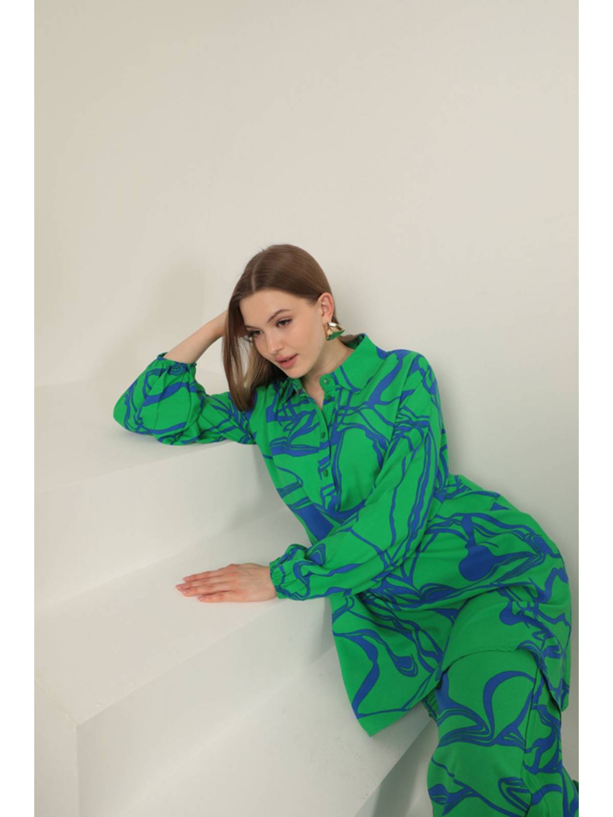 Viskon Desenli Kadın Takım-Yeşil