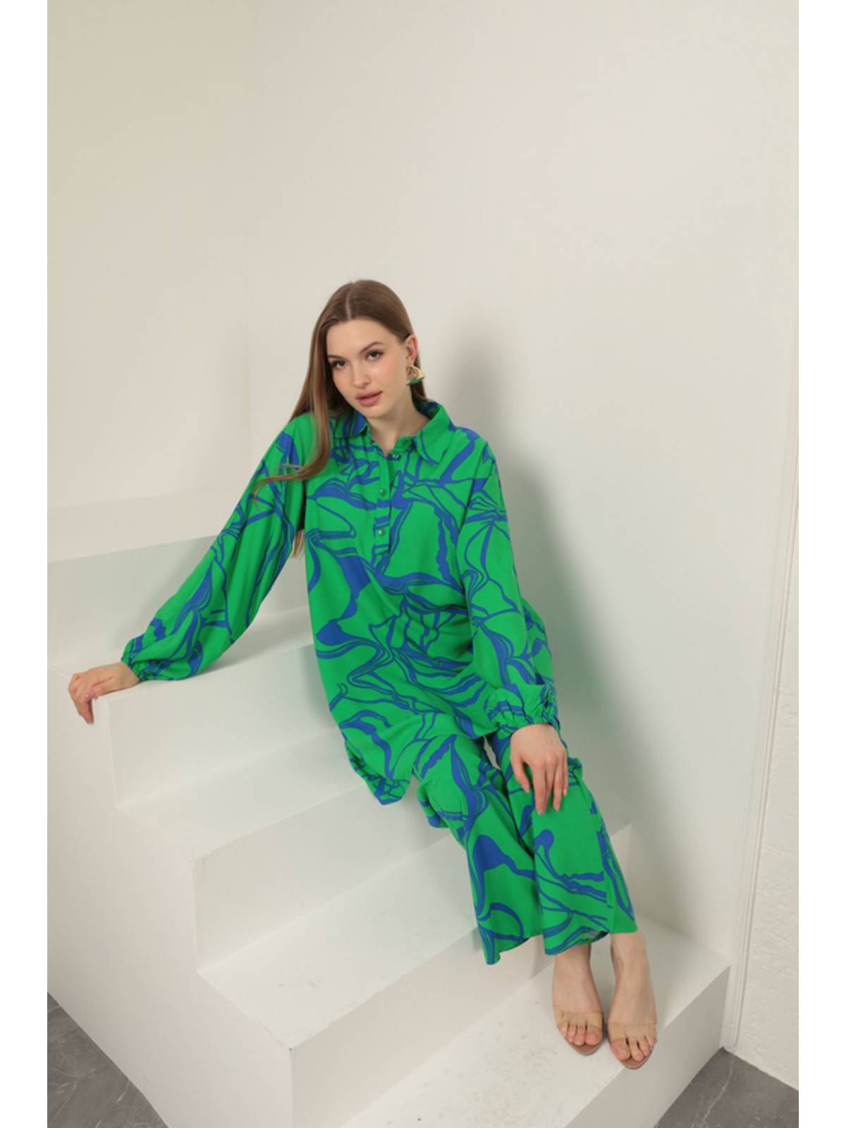 Viskon Desenli Kadın Takım-Yeşil