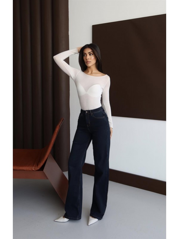 Yüksek Bel Boru Paça Bej İp Detaylı Black Jean Pantolon