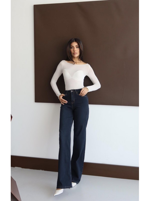 Yüksek Bel Boru Paça Bej İp Detaylı Black Jean Pantolon