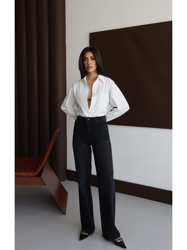 Yüksek Bel Rahat Kesim Baklava Desen Taş Detaylı Black Black Jean Pantolon