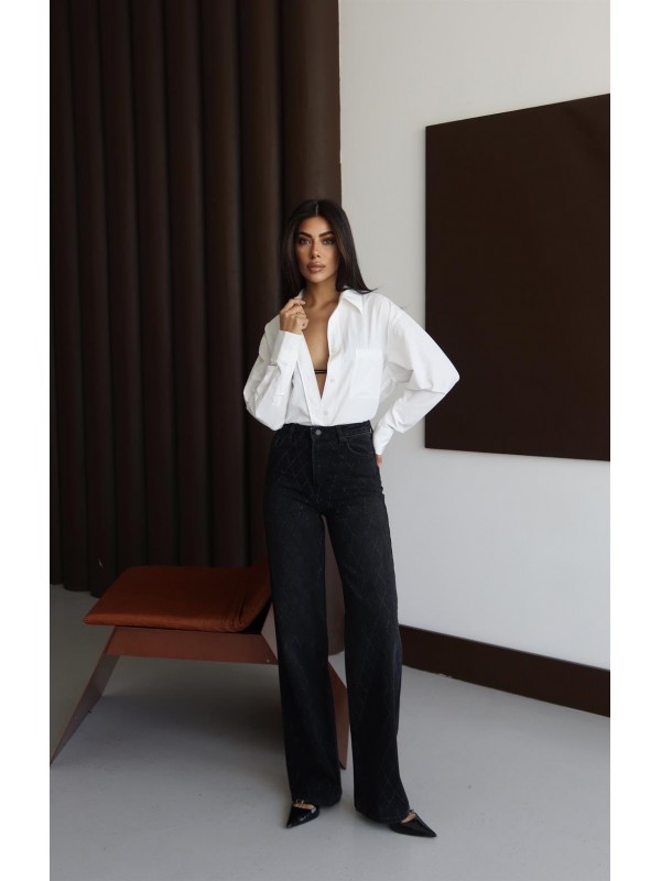 Yüksek Bel Rahat Kesim Baklava Desen Taş Detaylı Black Black Jean Pantolon