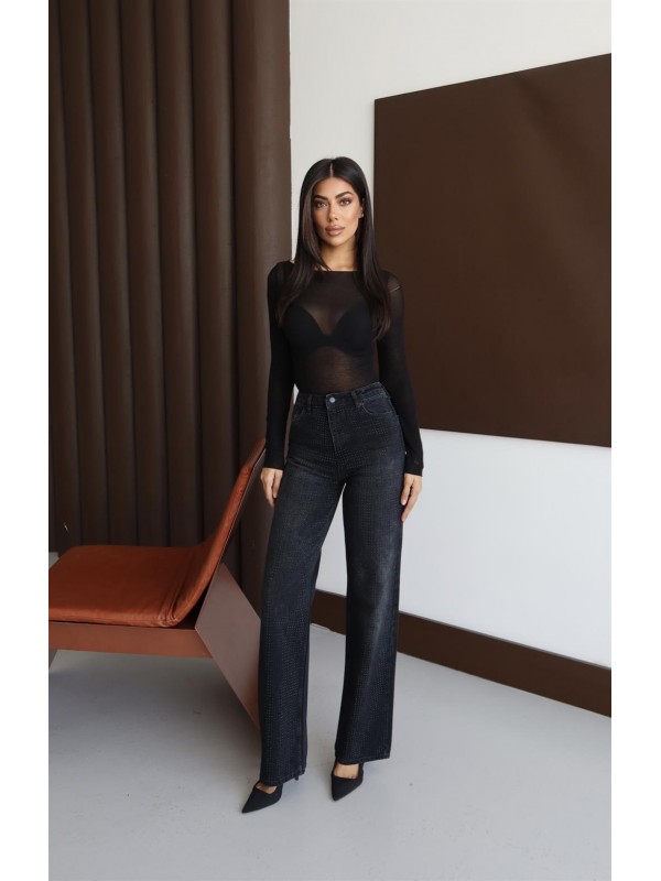 Yüksek Bel Wıde Leg Kalıp Boydan Taşlı Black Jean Pantolon