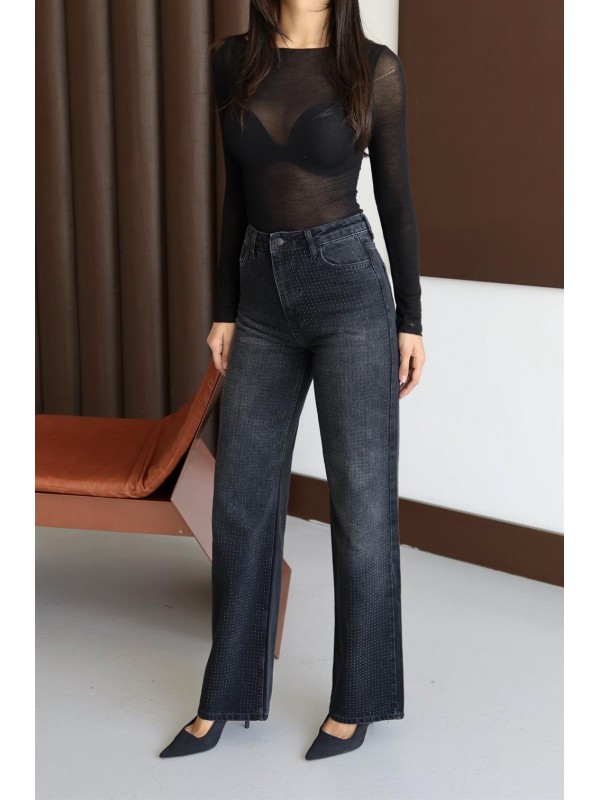 Yüksek Bel Wıde Leg Kalıp Boydan Taşlı Black Jean Pantolon