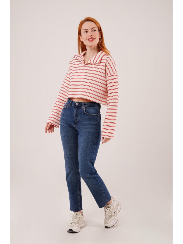 Polo Yaka Kırmızı Çizgili Toptan Crop Sweatshirt Kırmızı