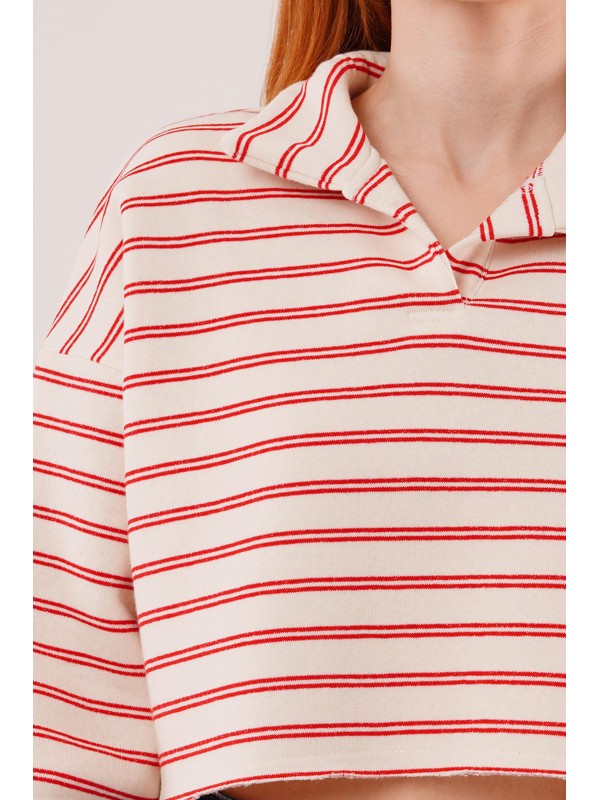 Polo Yaka Kırmızı Çizgili Toptan Crop Sweatshirt Kırmızı