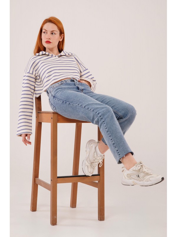 Polo Yaka Lacivert Çizgili Toptan Crop Sweatshirt Lacivert