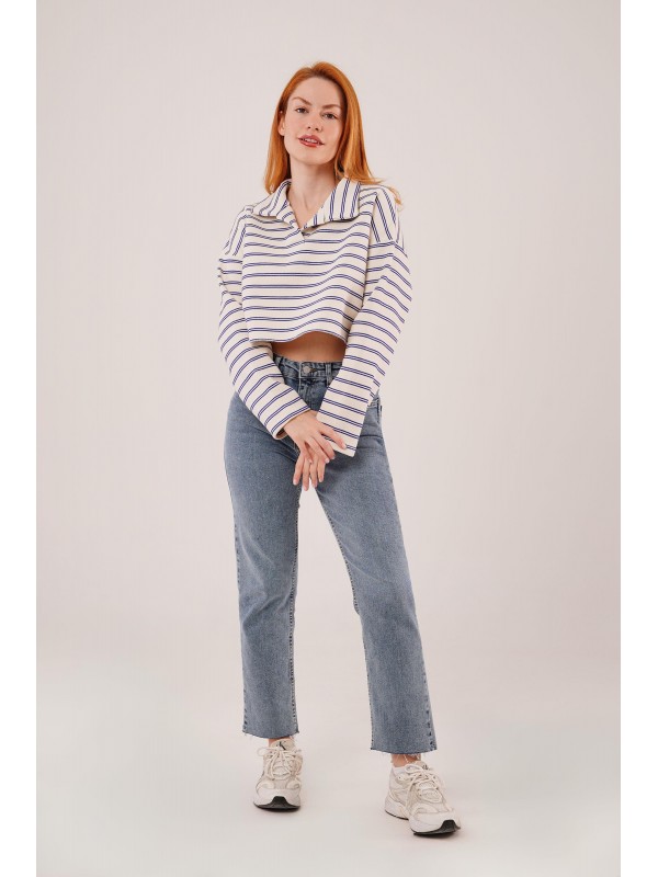 Polo Yaka Lacivert Çizgili Toptan Crop Sweatshirt Lacivert