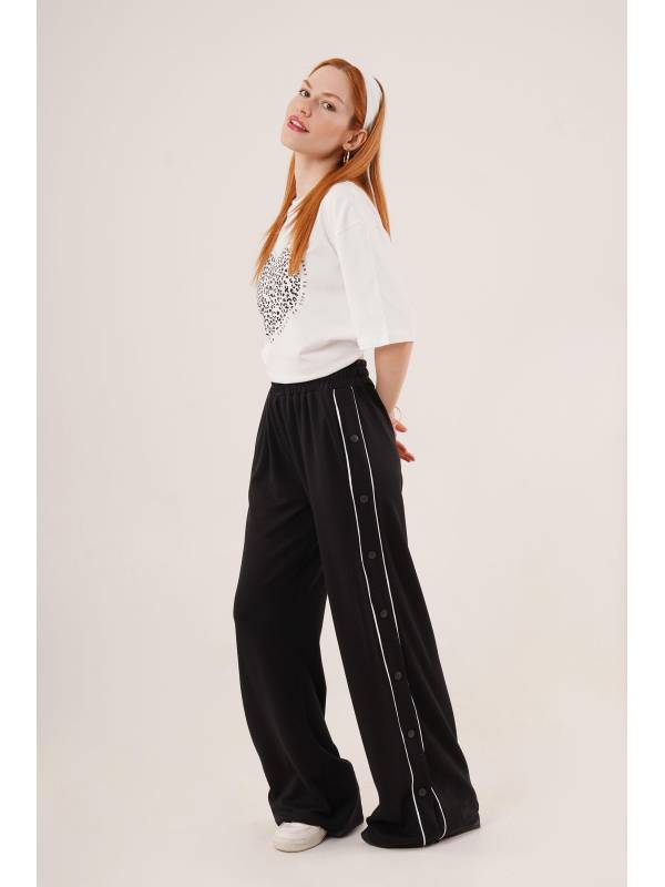 Boydan Çıtçıtlı Bel Lastikli Geniş Paça Siyah Toptan Eşofman Siyah