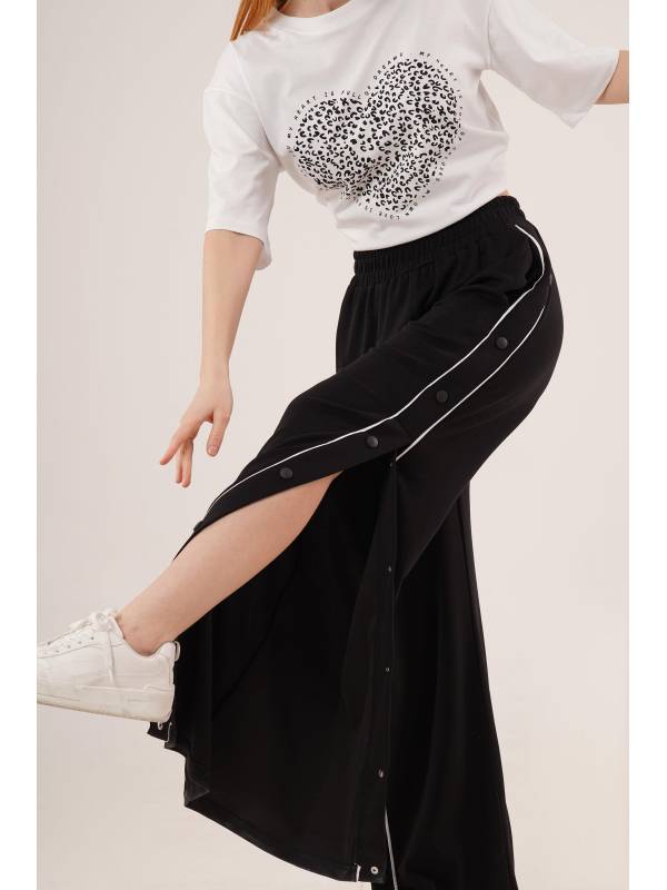 Boydan Çıtçıtlı Bel Lastikli Geniş Paça Siyah Toptan Eşofman Siyah