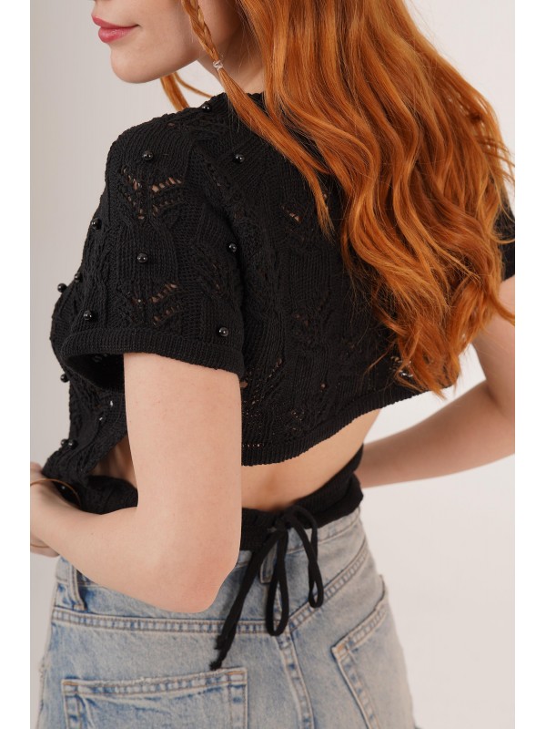 Sırt Bağlama Detaylı Siyah Toptan Crop STD