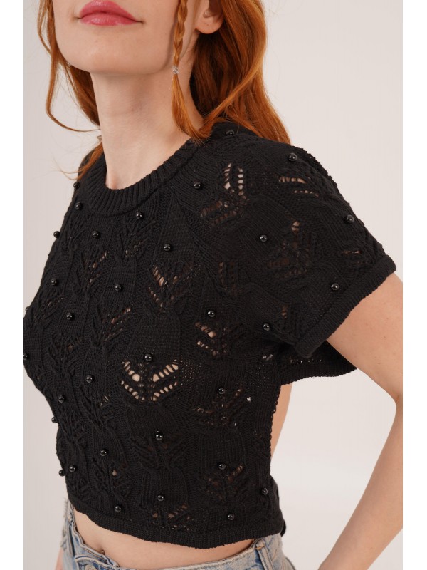 Sırt Bağlama Detaylı Siyah Toptan Crop STD