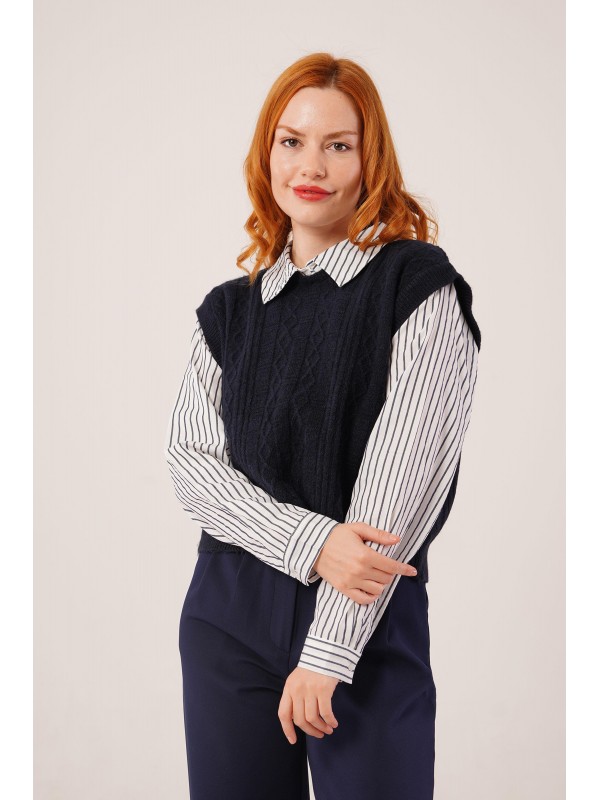 Kol Ve Yaka Gömlek Detaylı Gri Toptan Triko Kazak STD