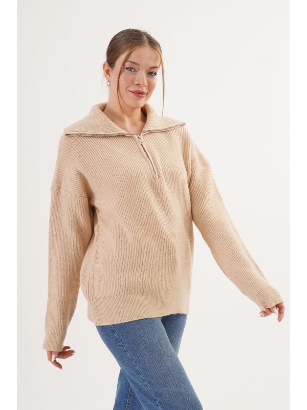 Fermuar Yakalı Selanik Örme Siyah Toptan Kazak STD