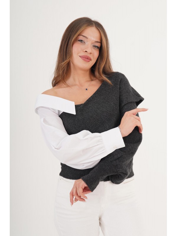 Yarı Gömlek Yarı Triko Toptan Haki Kazak STD