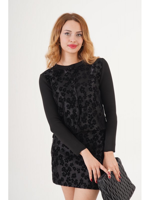 Süet İşlemeli Toptan Siyah Triko İkili Takım STD